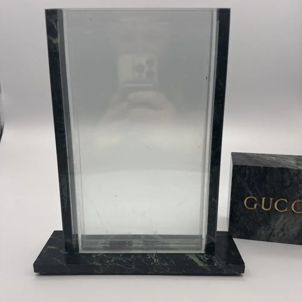 VTG Gucci Italy Green Marble Acrylic Vase Insert Sign Block Board Display Desk